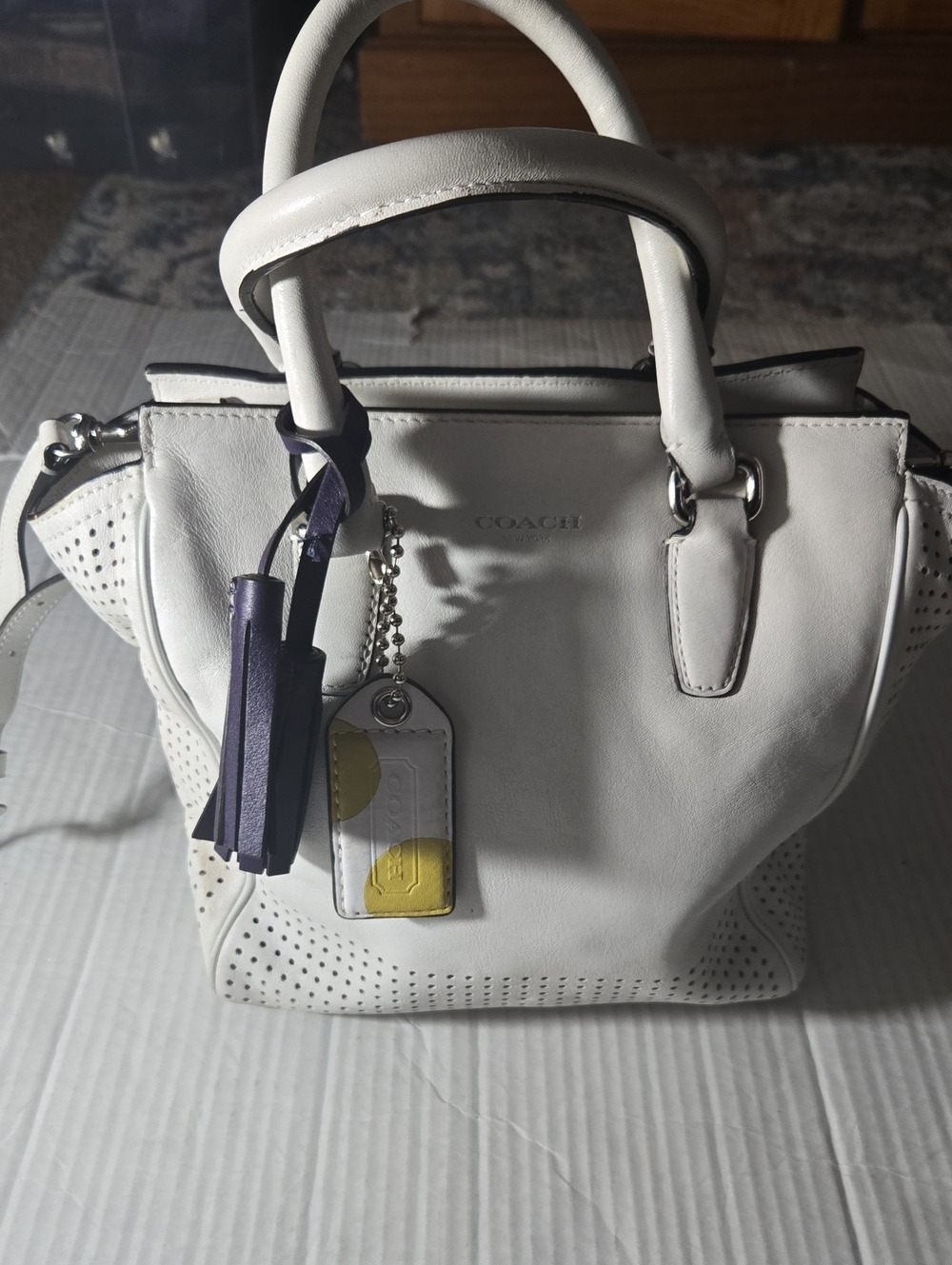 Coach White Leather Satchel with Color-Accent Tassel